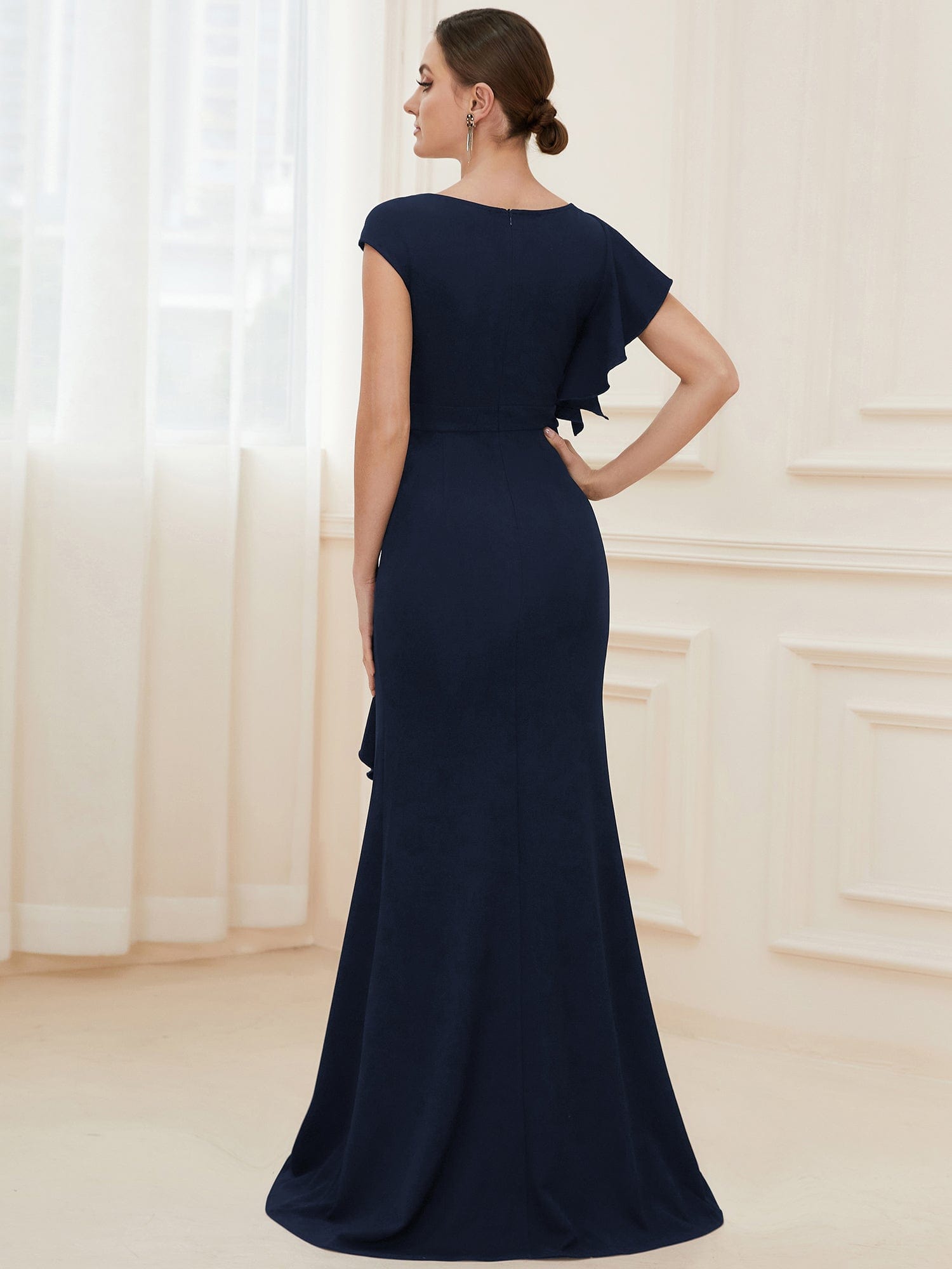 Elegant Cap Sleeve Side Slit Evening Gown with Ruffles #COLOR_Navy Blue