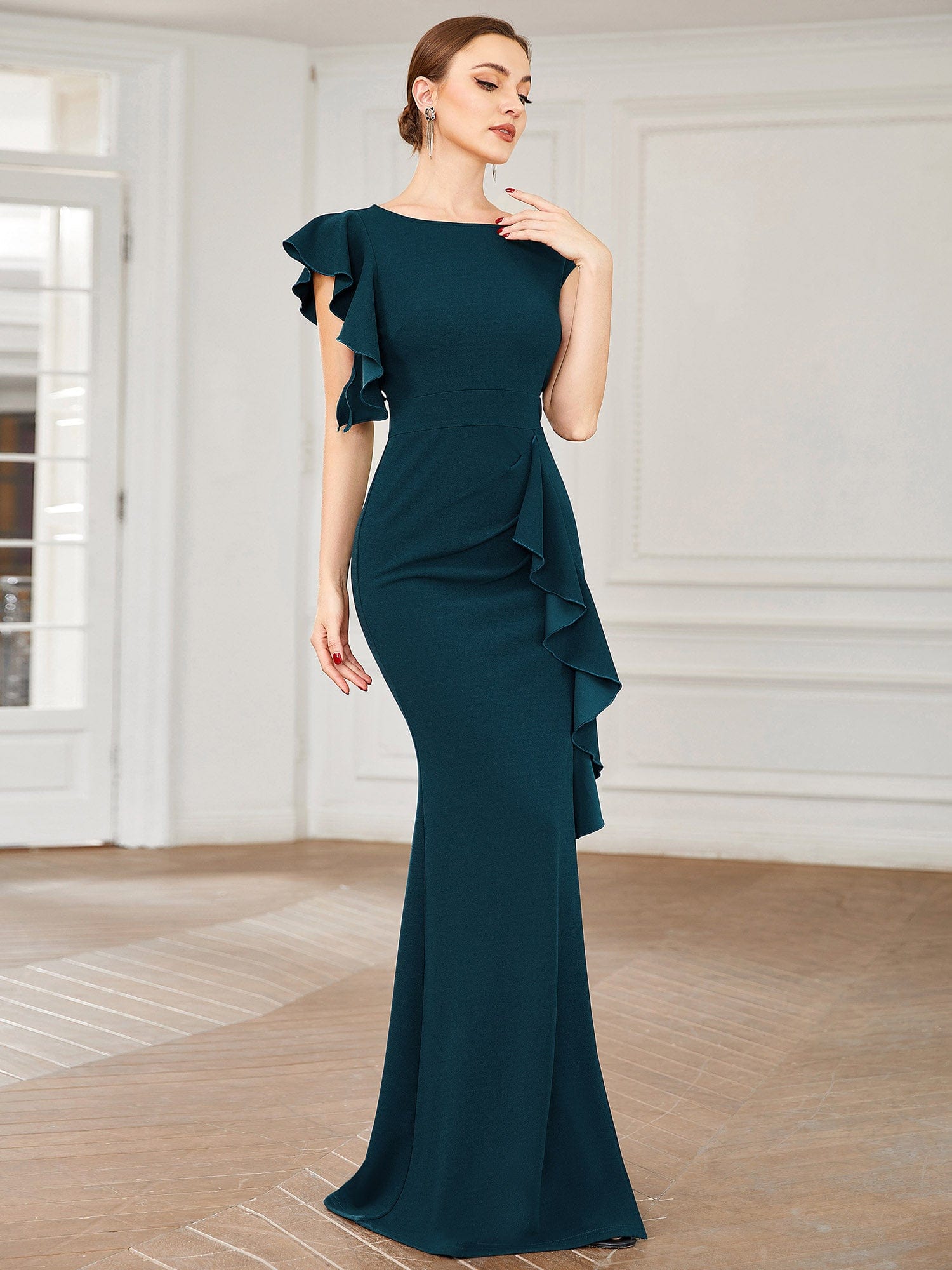 Elegant Cap Sleeve Side Slit Evening Gown with Ruffles #COLOR_Teal