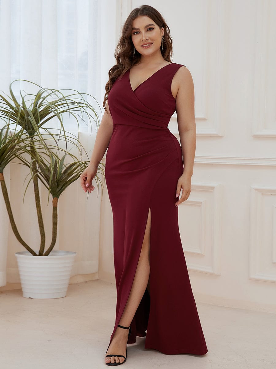 Color=Burgundy | High Front Slit Wrap Waist High Front Slit Knit Evening Dress-Burgundy 6