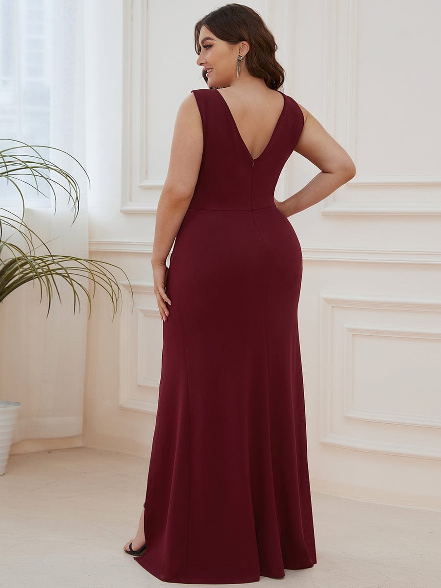 Color=Burgundy | High Front Slit Wrap Waist High Front Slit Knit Evening Dress-Burgundy 7