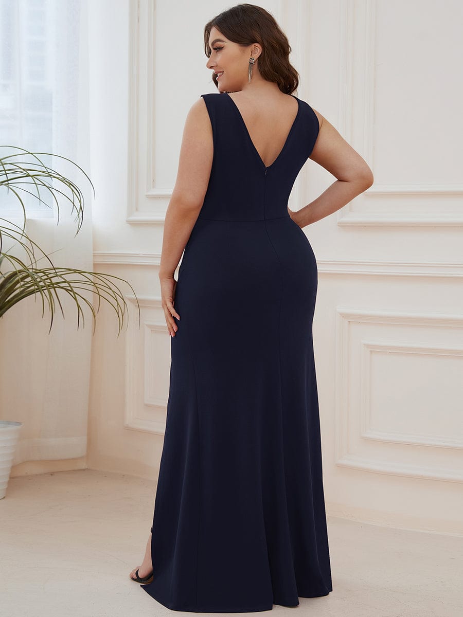 Color=Navy Blue | High Front Slit Wrap Waist High Front Slit Knit Evening Dress-Navy Blue 7