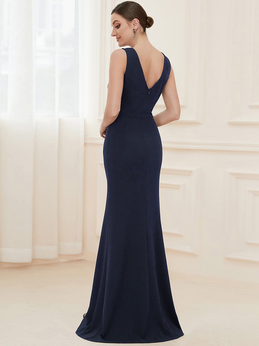 Color=Navy Blue | High Front Slit Wrap Waist High Front Slit Knit Evening Dress-Navy Blue 2