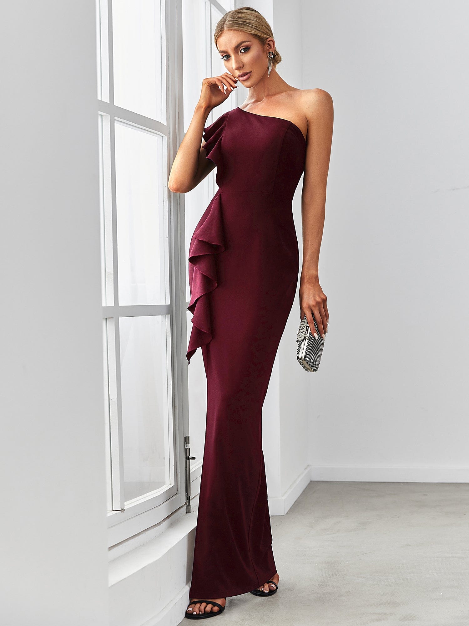 Elegant One Shoulder Slit High Stretch Evening Dress with Ruffles #COLOR_Burgundy