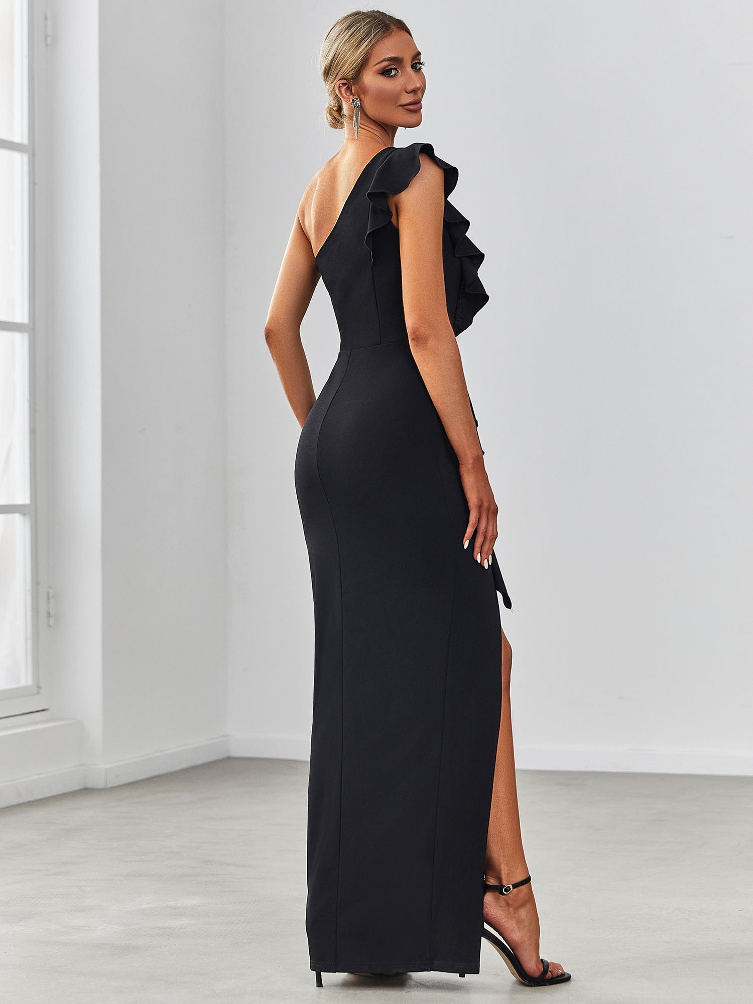 Elegant One Shoulder Slit High Stretch Evening Dress with Ruffles #COLOR_Black