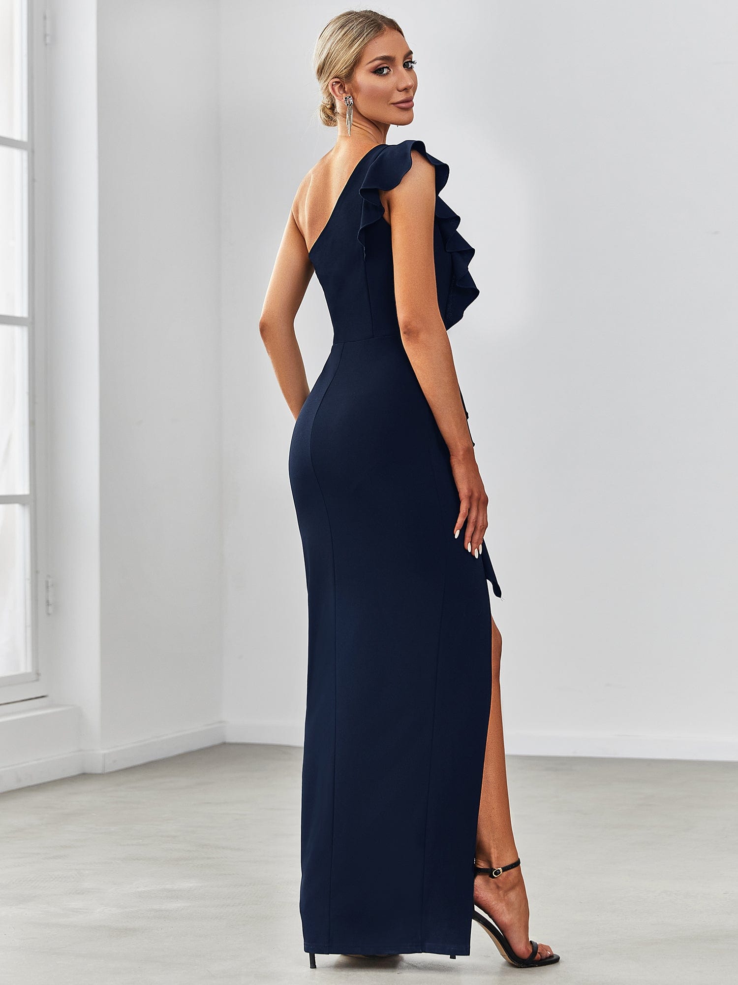 Elegant One Shoulder Slit High Stretch Evening Dress with Ruffles #COLOR_Navy Blue