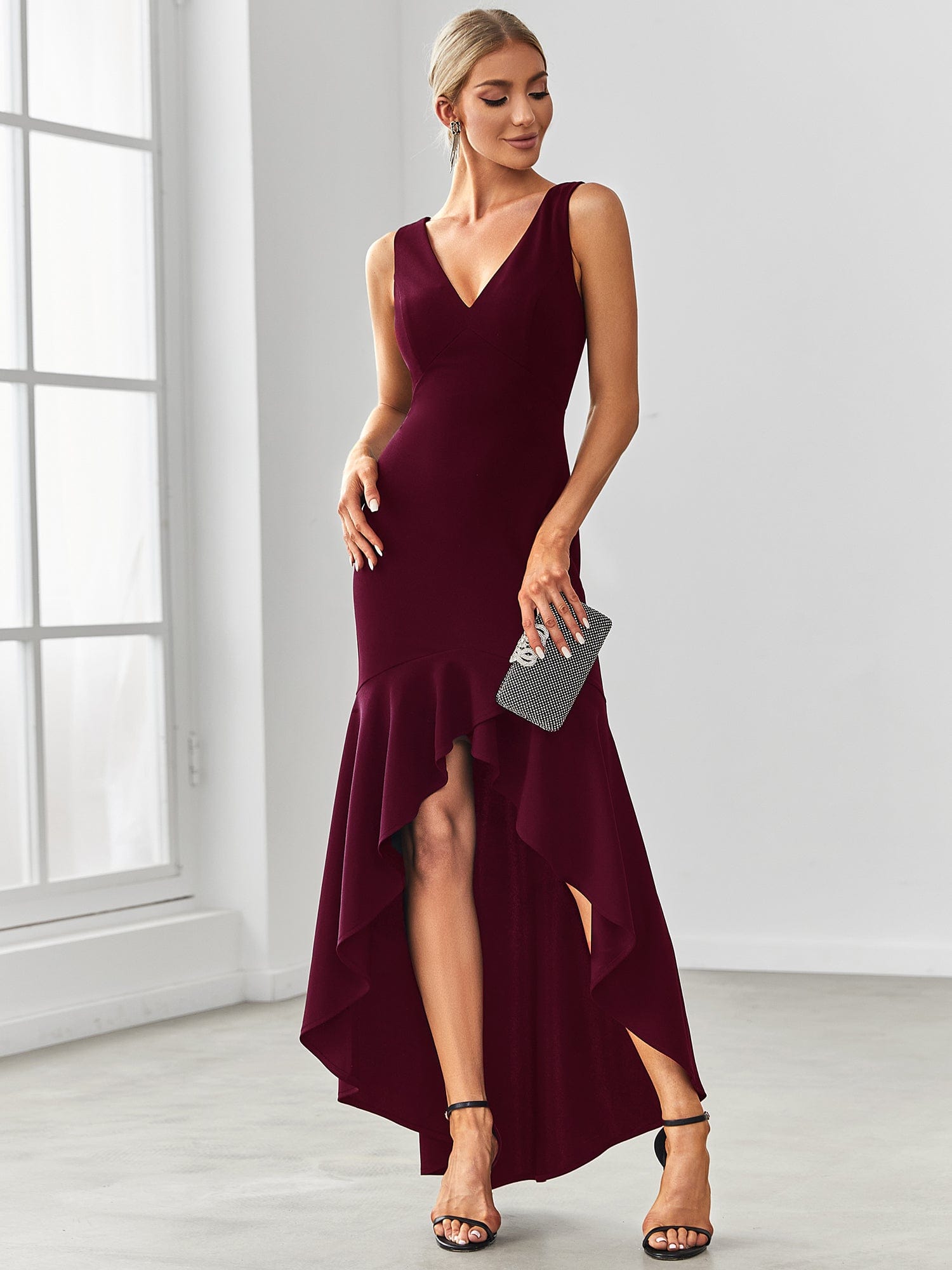 Glamorous Double V-Neck High Low Mermaid Bodycon Evening Dress #COLOR_Burgundy