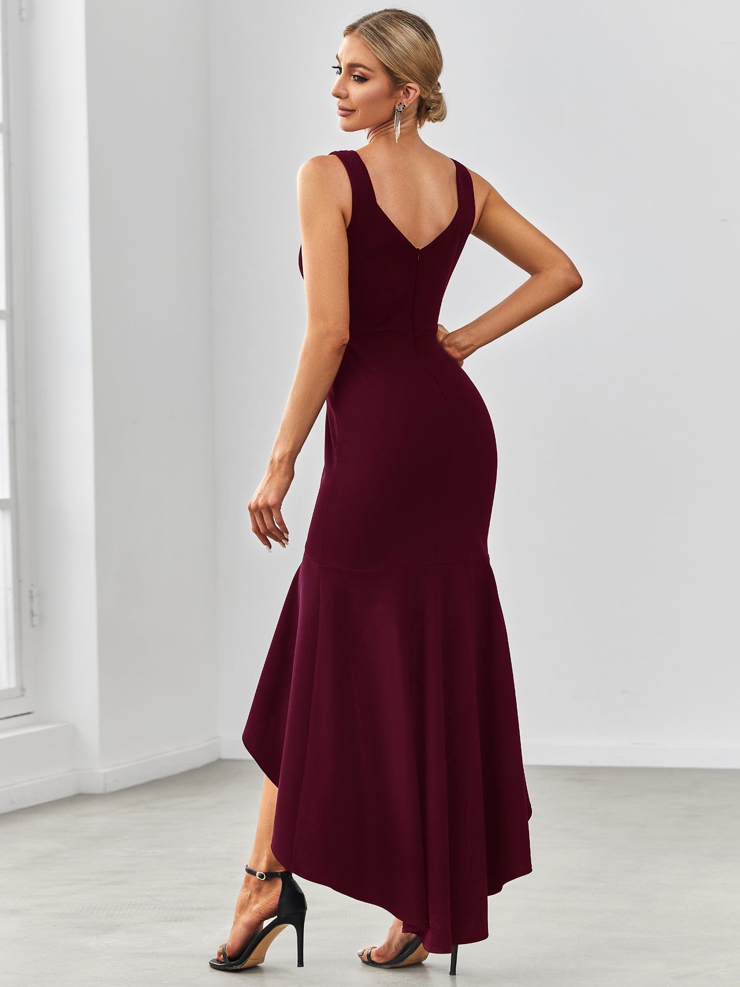 Glamorous Double V-Neck High Low Mermaid Bodycon Evening Dress #COLOR_Burgundy