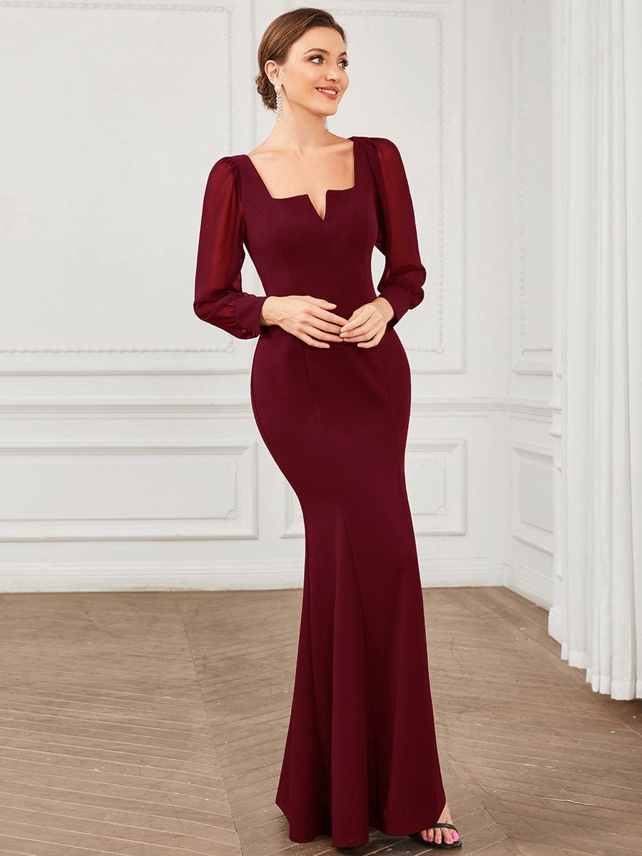 Long Sleeve Square Neck High Stretch Evening Gown with Slit #COLOR_Burgundy