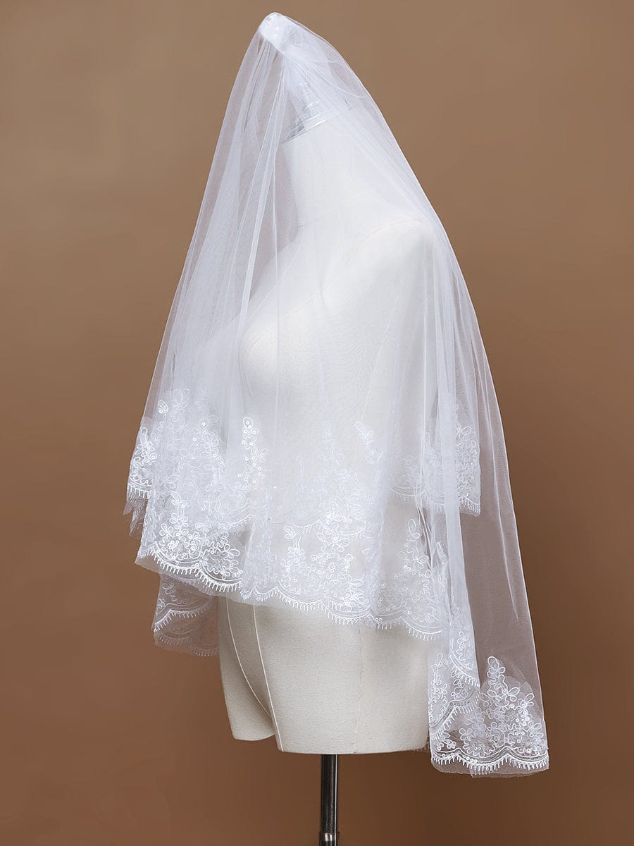 Double Tier Lace Wedding Bridal Veil #color_White