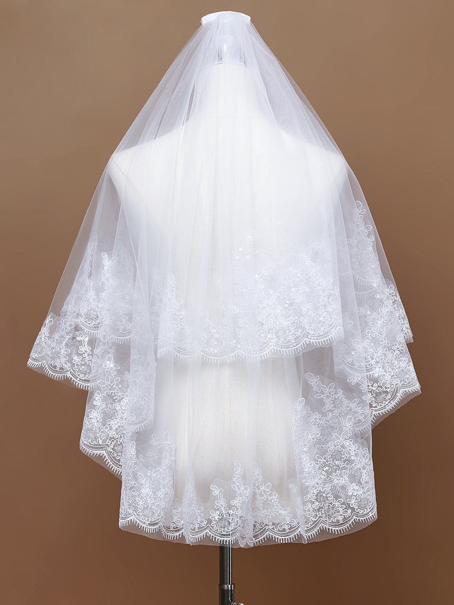 Double Tier Lace Wedding Bridal Veil #color_White