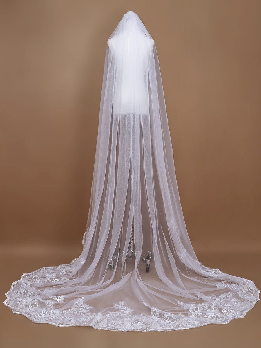 Elegant Lace and Applique Cathedral Bridal Veil #color_White