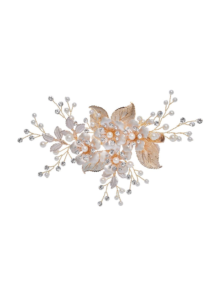 Elegant Floral and Pearl Bridal Hairpin  #color_Gold