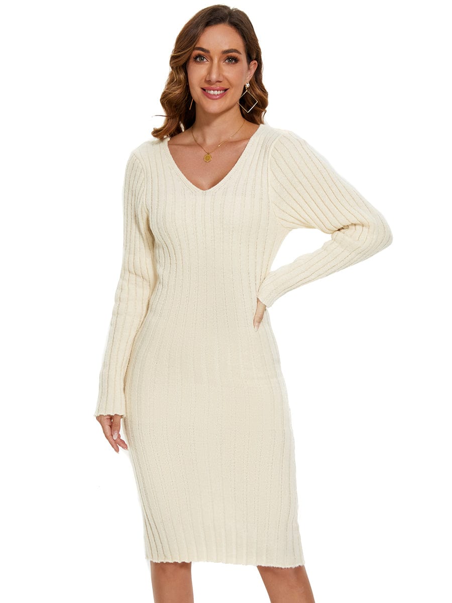 Knitted Long Sleeve V-Neck Bodycon Sweater Dress #color_Beige