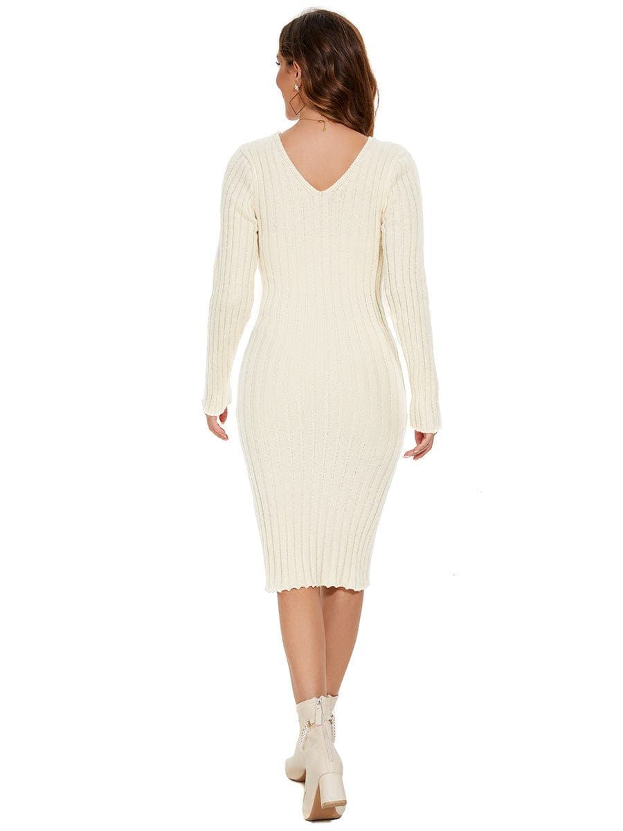 Knitted Long Sleeve V-Neck Bodycon Sweater Dress #color_Beige