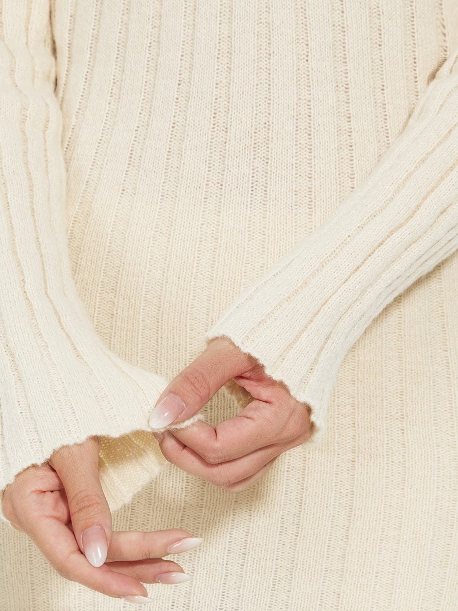 Knitted Long Sleeve V-Neck Bodycon Sweater Dress #color_Beige