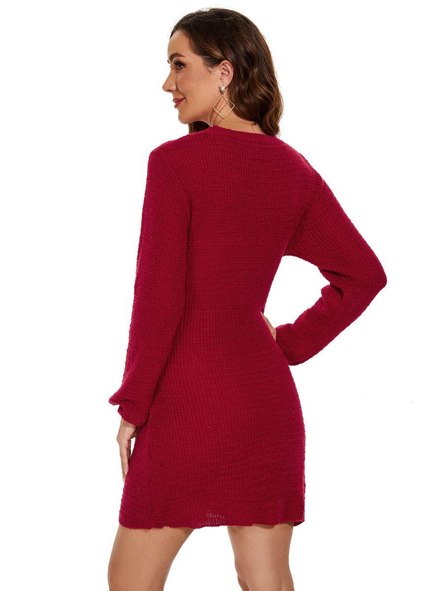 Ribbed Knit Tie Waist Long Sleeve Sweater Dress #color_Burgundy