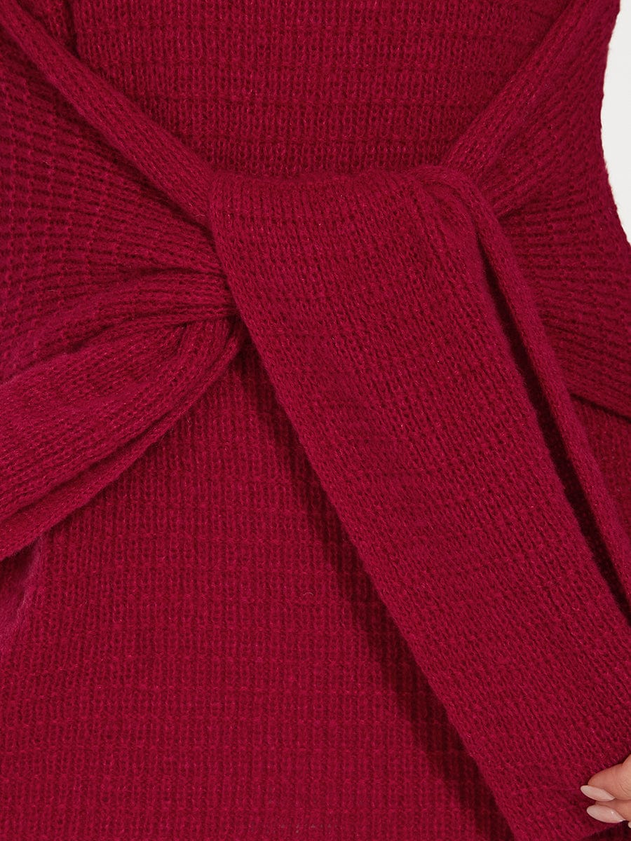 Ribbed Knit Tie Waist Long Sleeve Sweater Dress #color_Burgundy