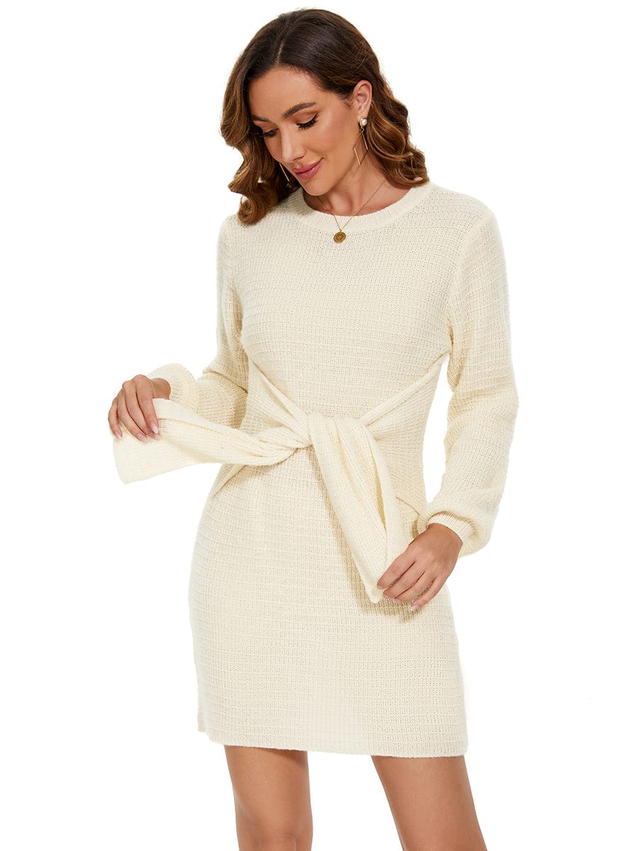 Ribbed Knit Tie Waist Long Sleeve Sweater Dress #color_Beige