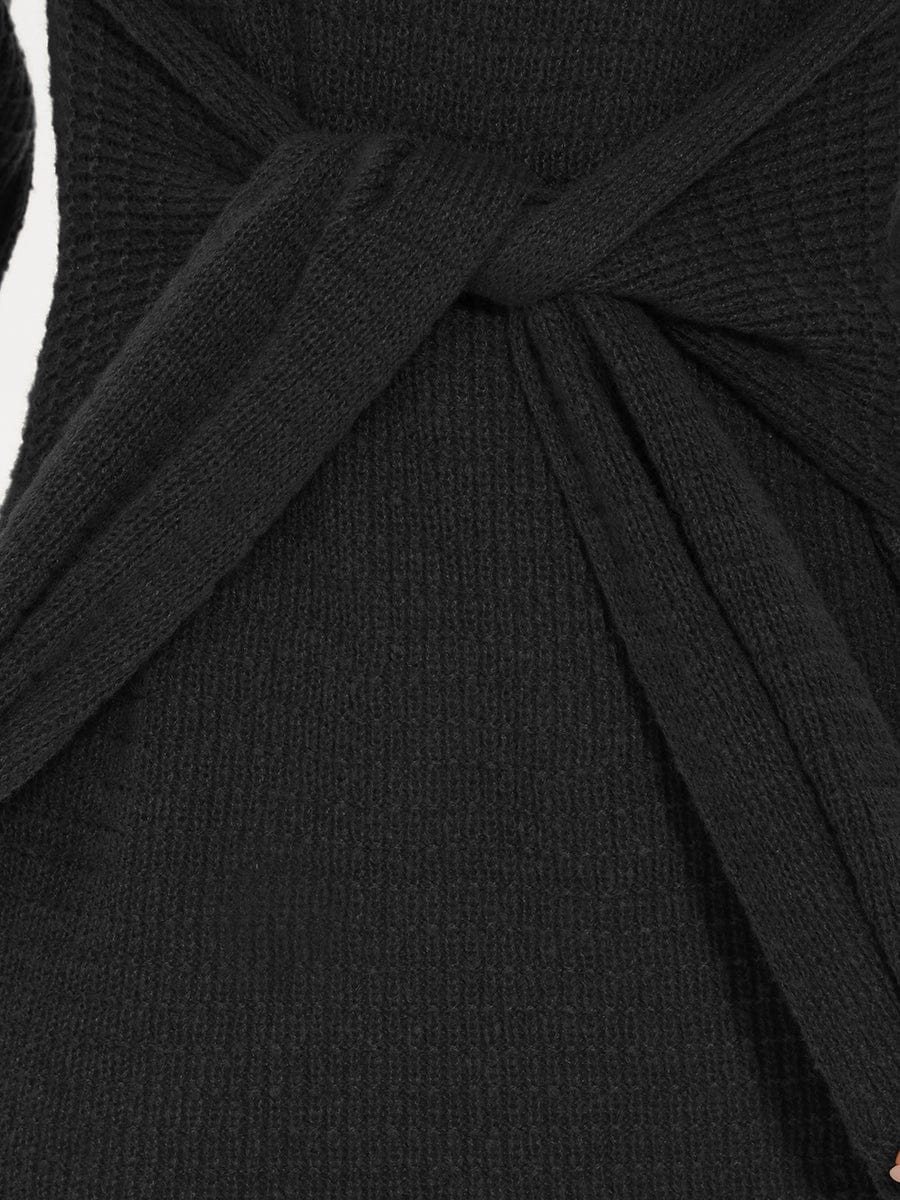 Ribbed Knit Tie Waist Long Sleeve Sweater Dress #color_Black