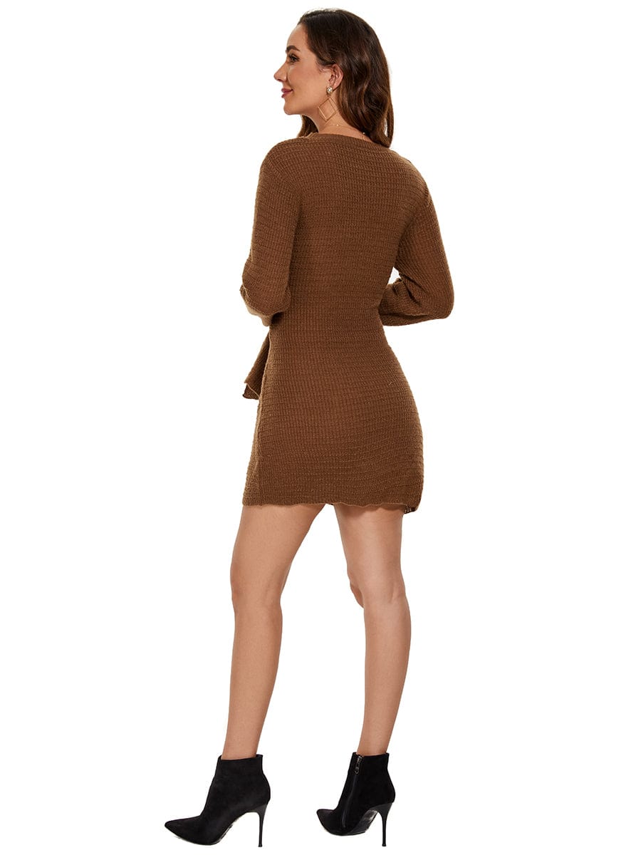 Ribbed Knit Tie Waist Long Sleeve Sweater Dress #color_Brown