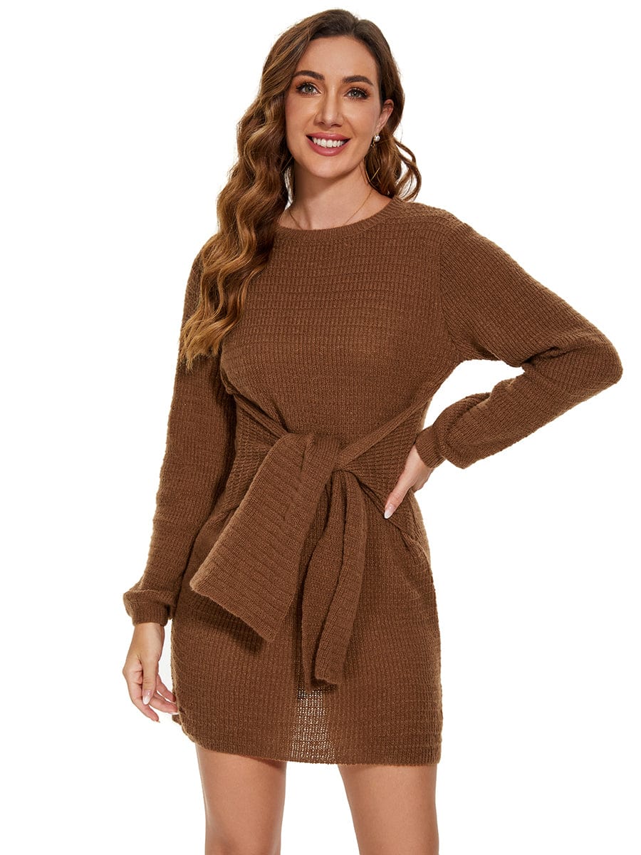 Ribbed Knit Tie Waist Long Sleeve Sweater Dress #color_Brown