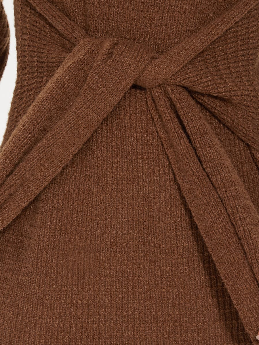 Ribbed Knit Tie Waist Long Sleeve Sweater Dress #color_Brown