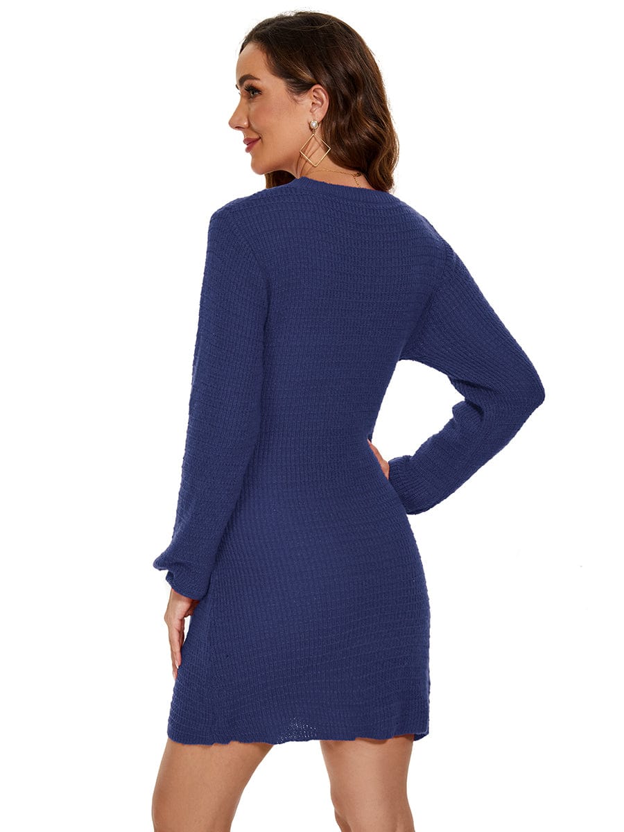 Ribbed Knit Tie Waist Long Sleeve Sweater Dress #color_Navy Blue