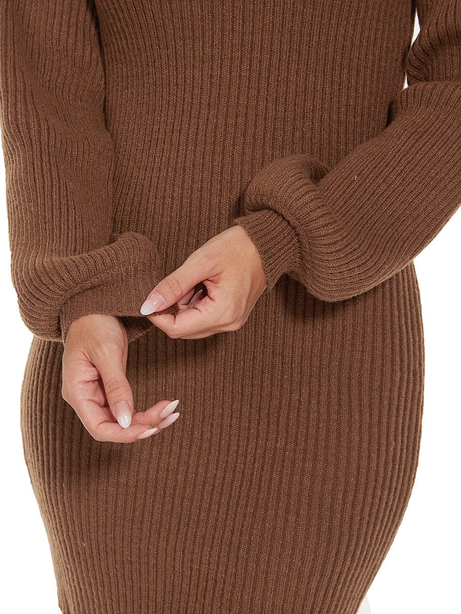 Ribbed Knit Long Lantern Sleeve Bodycon Sweater Dress #color_Brown