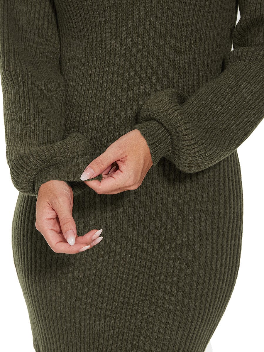 Ribbed Knit Long Lantern Sleeve Bodycon Sweater Dress #color_Dark Green