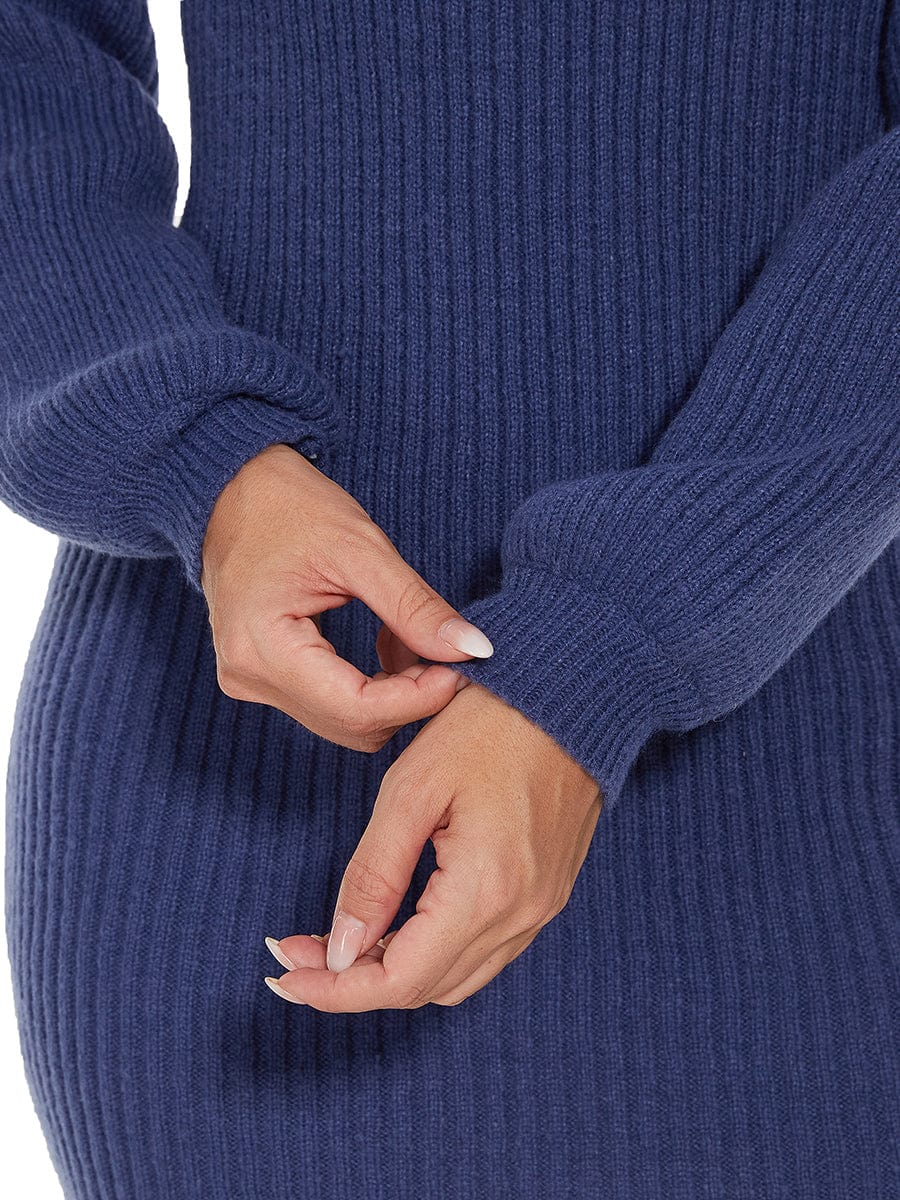 Ribbed Knit Long Lantern Sleeve Bodycon Sweater Dress #color_Navy Blue