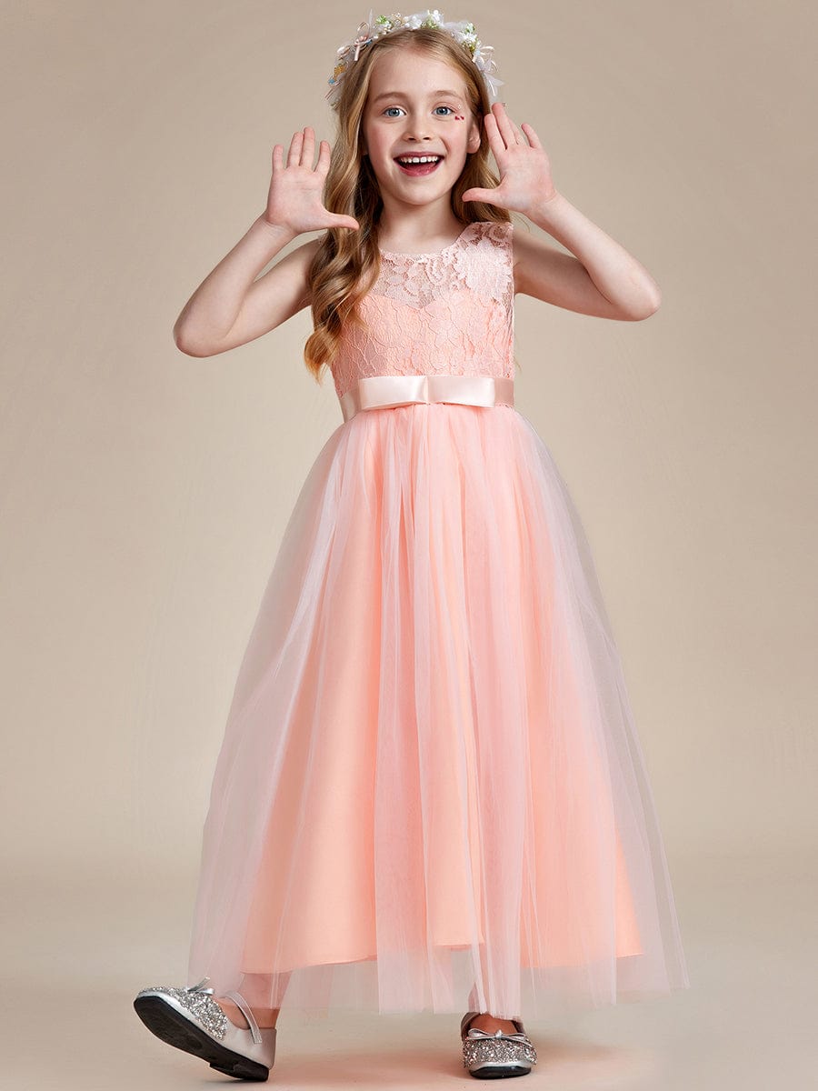 Princess Bow Sleeveless Lace Tulle Flower Girl Dress #color_Blush