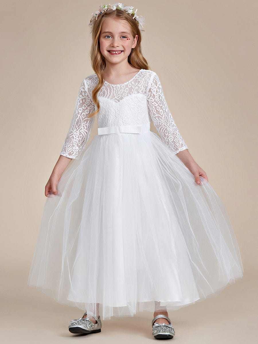 Elegant Bow Lace Empire Waist Flower Girl Dress With Long Sleeves Ever Pretty UK