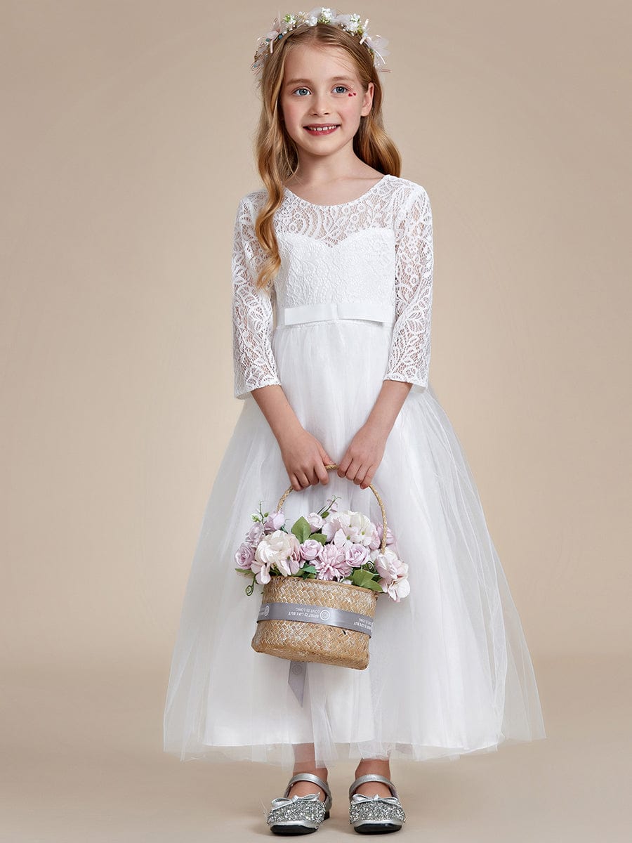 Elegant Bow Lace Empire Waist Flower Girl Dress With Long Sleeves Ever Pretty UK