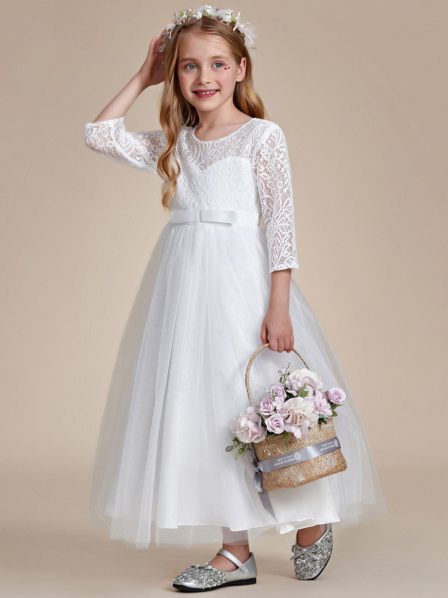 Elegant Bow Lace Empire Waist Flower Girl Dress With Long Sleeves Ever Pretty UK