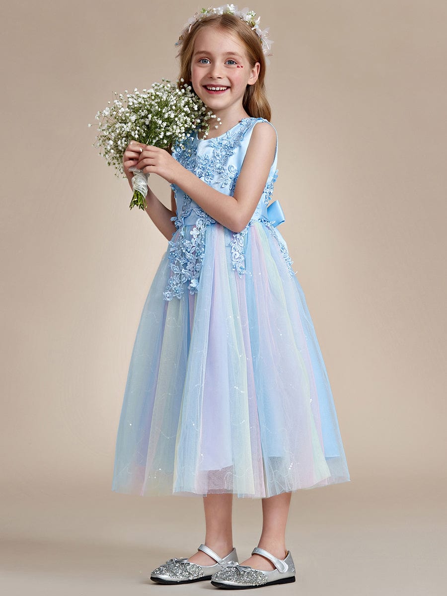 Gorgeous White Lace and Tulle Flower Girl Dress with Flower Appliques #color_Ice Blue