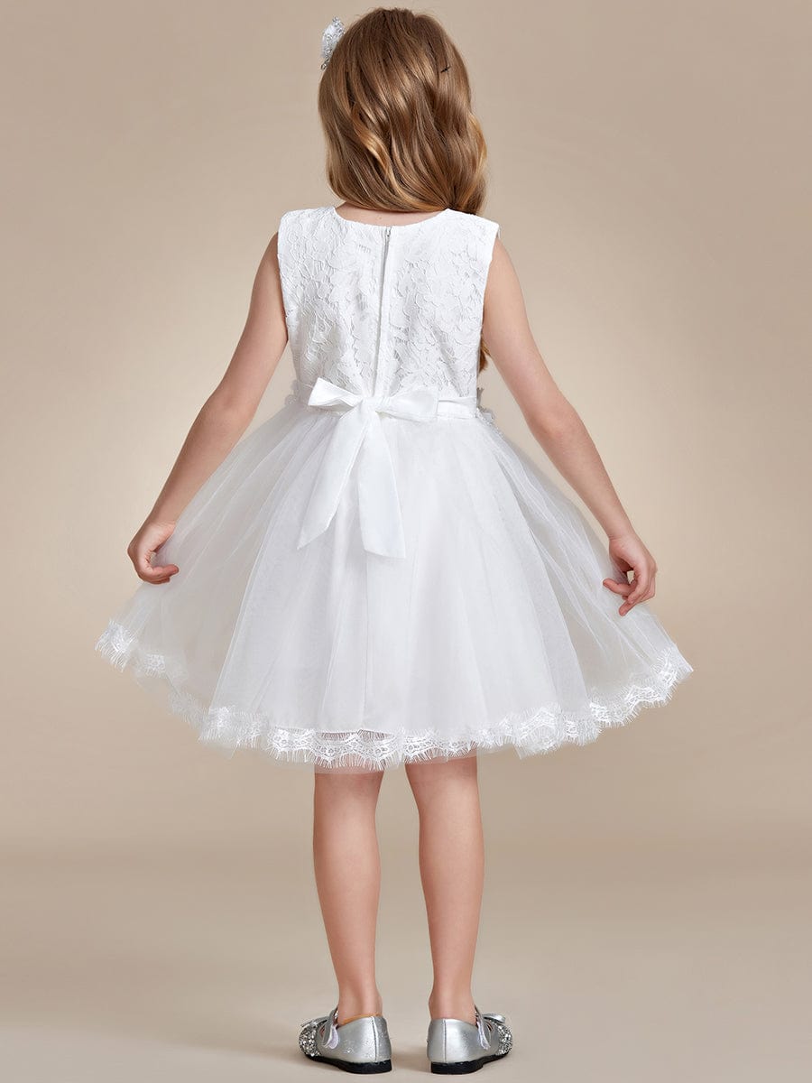 White Lace Tulle Flower Girl Dress with Bow Back Detail #color_White