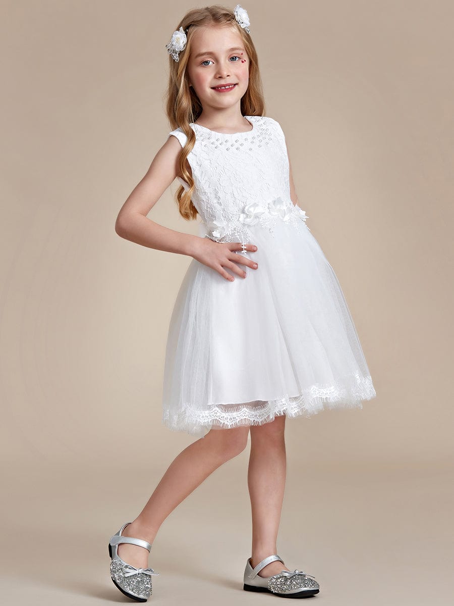 White Lace Tulle Flower Girl Dress with Bow Back Detail #color_White