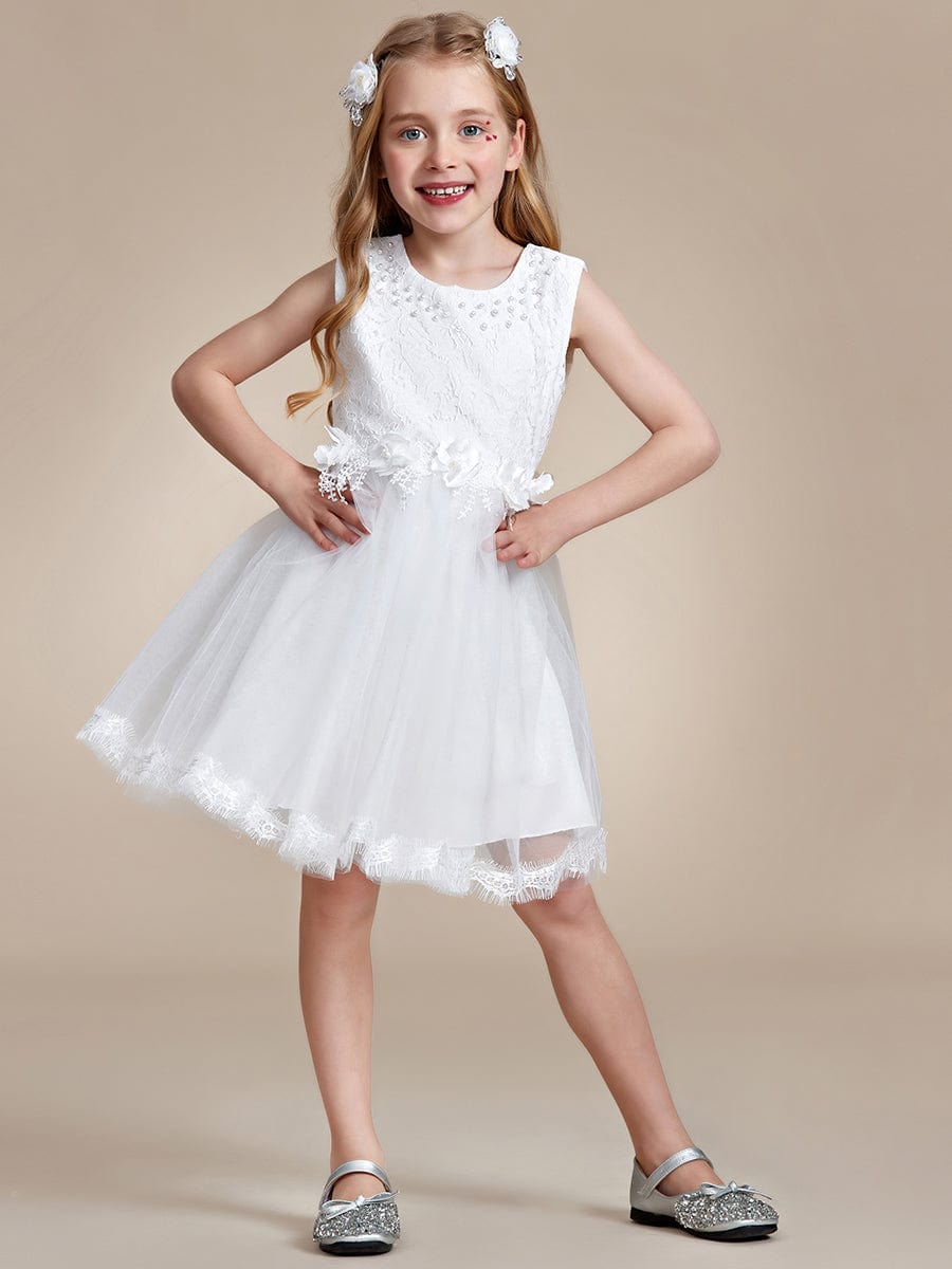 White Lace Tulle Flower Girl Dress with Bow Back Detail #color_White