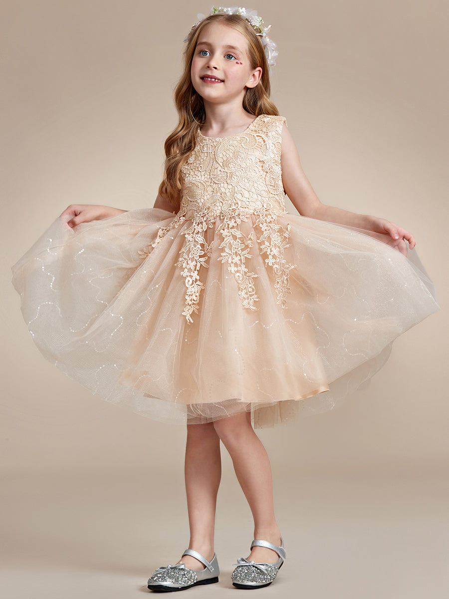 Elegant Lace Embroidered A-Line Flower Girl Dress with Bowknot and Sleeveless #color_Charcoal