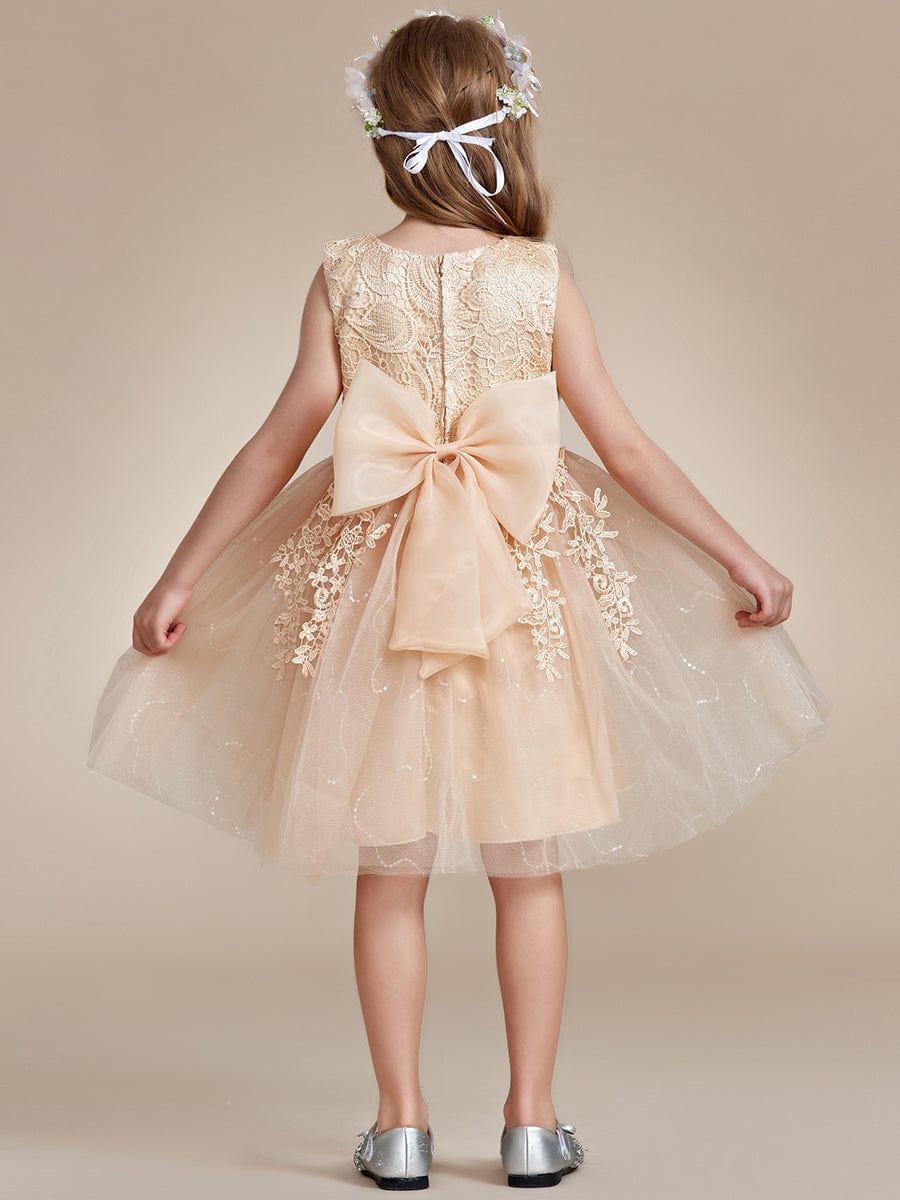 Elegant Lace Embroidered A-Line Flower Girl Dress with Bowknot and Sleeveless #color_Charcoal