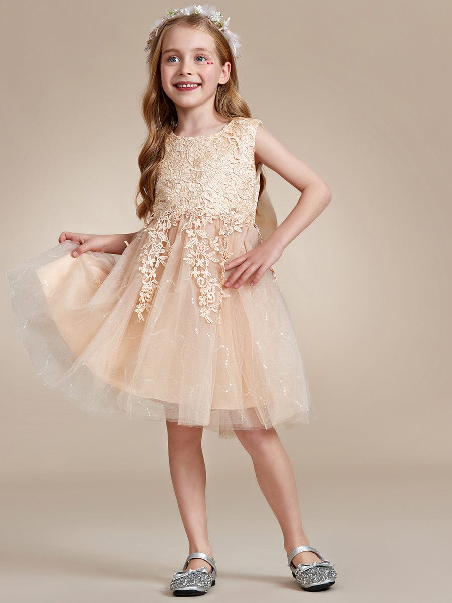 Elegant Lace Embroidered A-Line Flower Girl Dress with Bowknot and Sleeveless #color_Charcoal