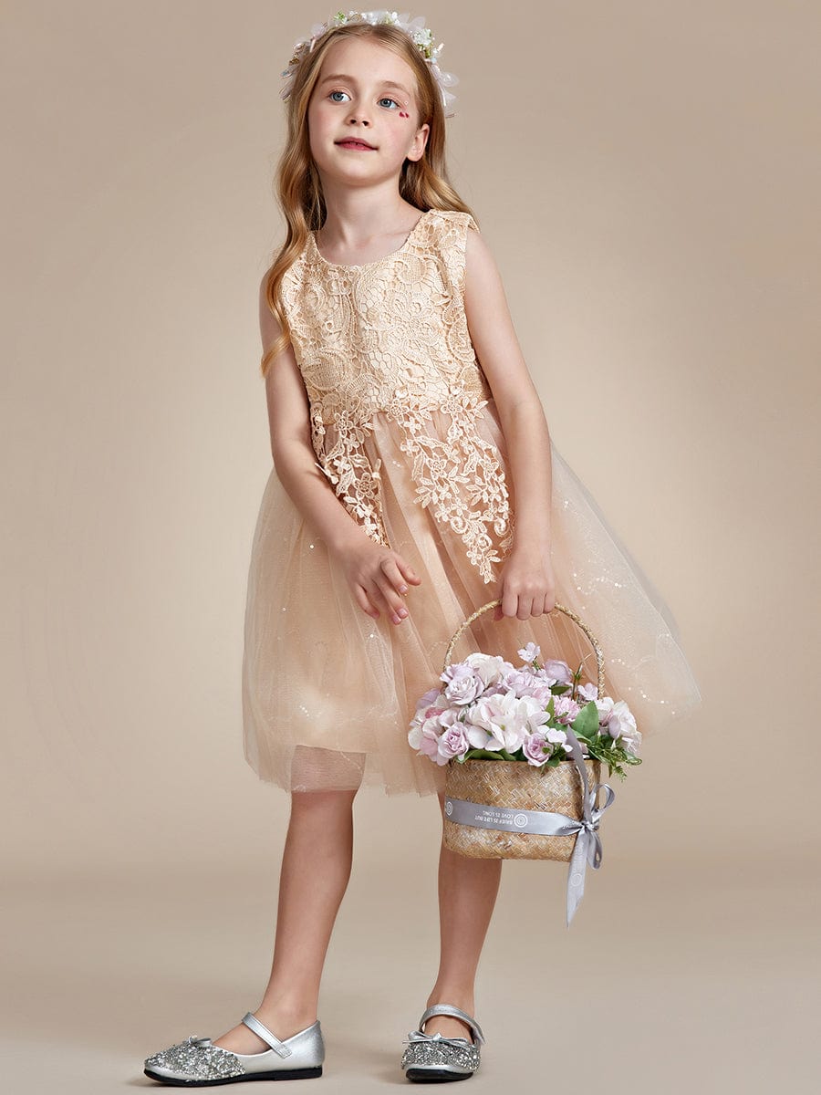 Elegant Lace Embroidered A-Line Flower Girl Dress with Bowknot and Sleeveless #color_Charcoal