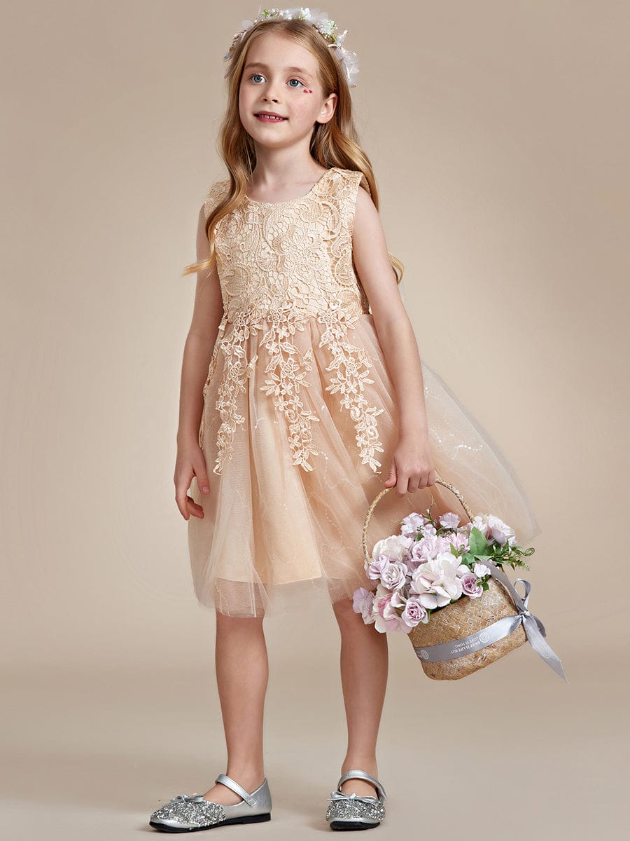 Elegant Lace Embroidered A-Line Flower Girl Dress with Bowknot and Sleeveless #color_Charcoal