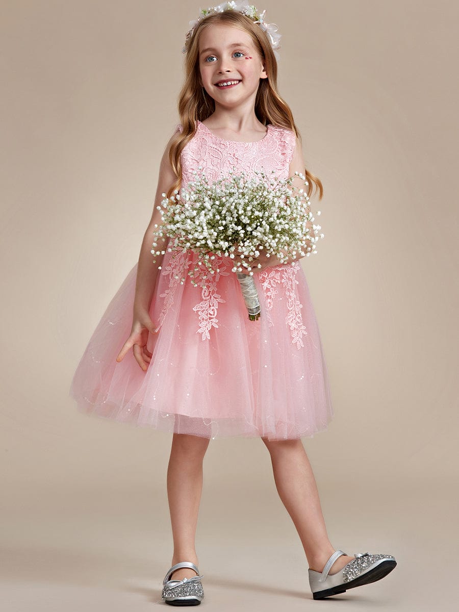 Elegant Lace Embroidered A-Line Flower Girl Dress with Bowknot and Sleeveless #color_Pink