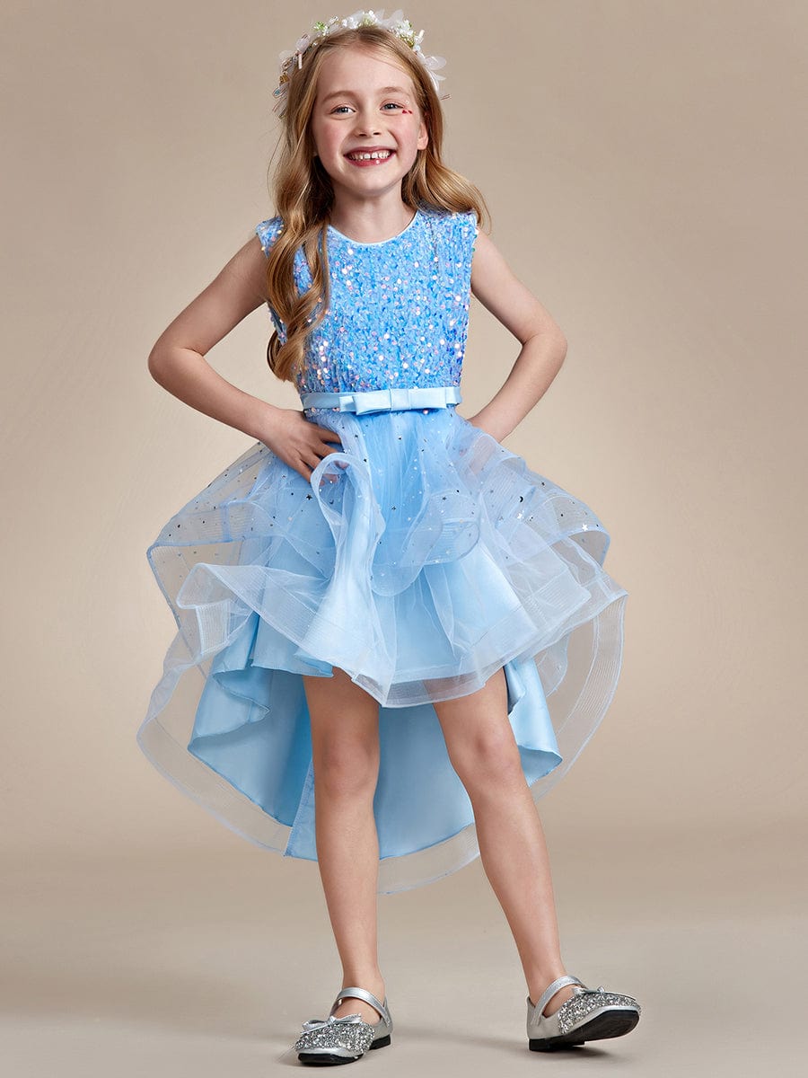 Sparkling Glitter High Low A-Line Sleeveless Multi-Layered Tulle Flower Girl Dress #Color_Sky Blue