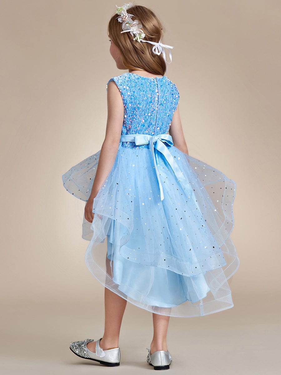 Sparkling Glitter High Low A-Line Sleeveless Multi-Layered Tulle Flower Girl Dress #Color_Sky Blue