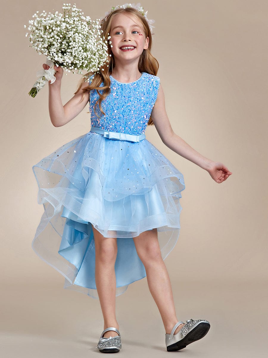 Sparkling Glitter High Low A-Line Sleeveless Multi-Layered Tulle Flower Girl Dress #Color_Sky Blue