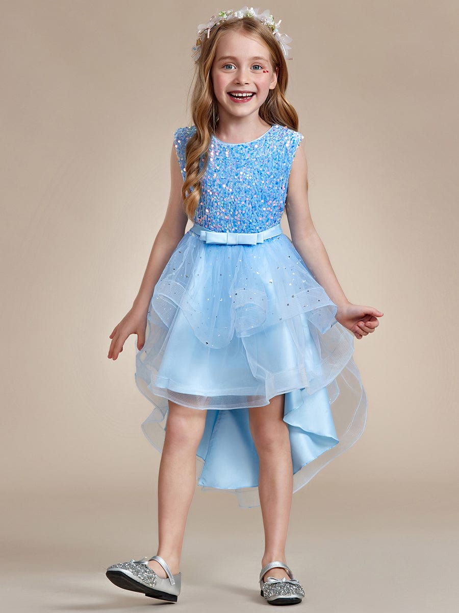 Sparkling Glitter High Low A-Line Sleeveless Multi-Layered Tulle Flower Girl Dress #Color_Sky Blue