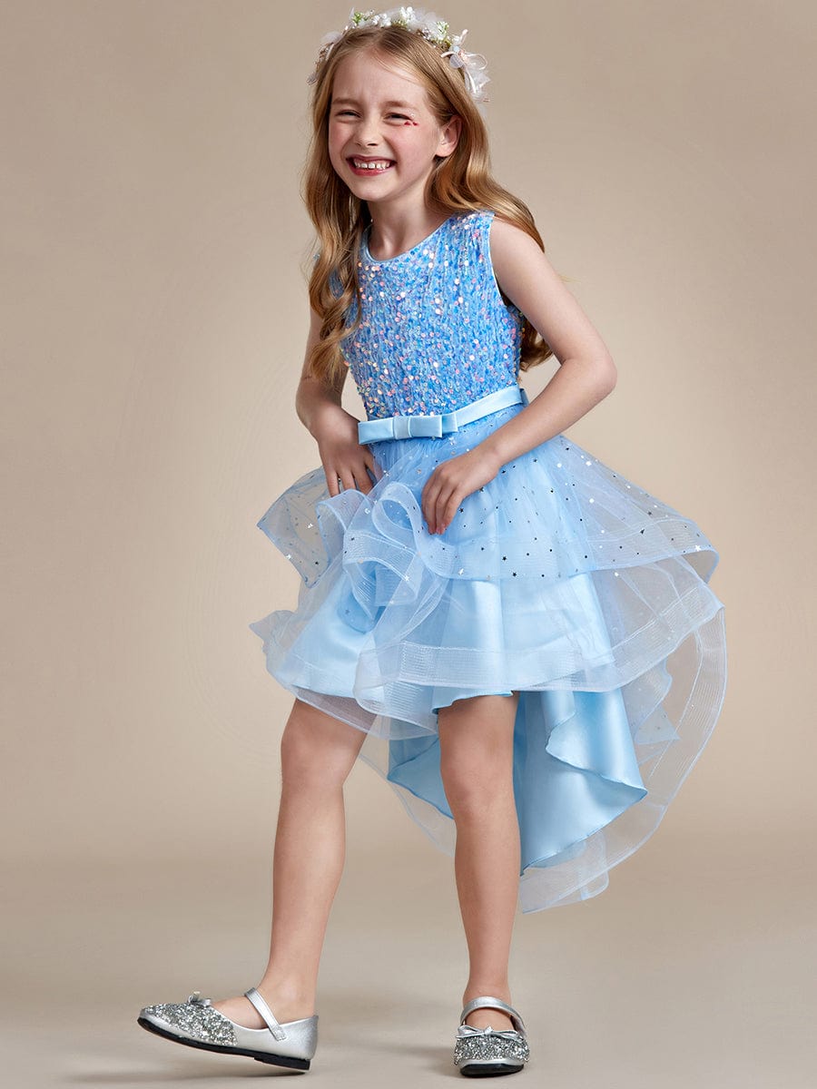 Sparkling Glitter High Low A-Line Sleeveless Multi-Layered Tulle Flower Girl Dress #Color_Sky Blue