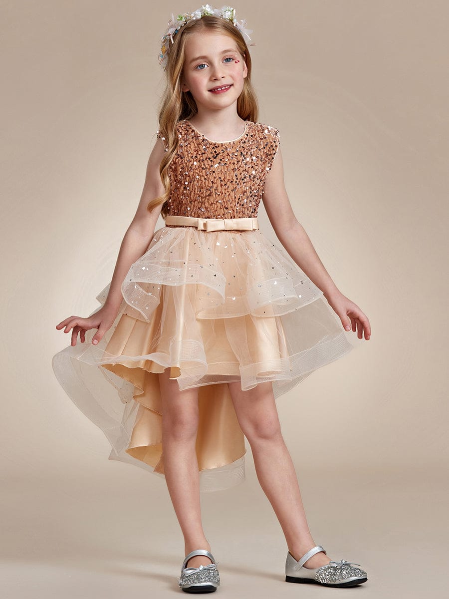 Sparkling Glitter High Low A-Line Sleeveless Multi-Layered Tulle Flower Girl Dress #Color_Charcoal